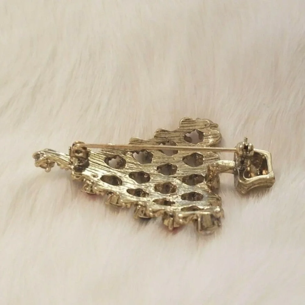 Vintage Christmas Tree Brooch Pin Red Green White Rhinestone 3D Holidays 4880